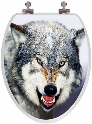 TOPSEAT 3D Vario Scenario Elongated Toilet Seat w/ Chromed Metal Hinges, Wood, Wolves by Topseat