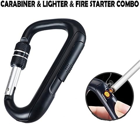 Novelty Wares Safety Buckle Camping USB Electronic Carabiner Lighter Portable Metal Cigarette Plasma Lighter Replaceable Tungsten Windproof Cigar Arc Lighter (Black)