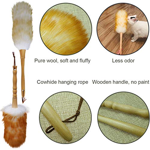 M-jump 2 PCS Wool Duster with Solid Wooden Handle,Flexible Head,Leather Hang Strap,Comfortable Grip Natural Feather Duster for Cleaning Screen,Funiture,Ceiling Fans,Blinds etc(2 Pack)