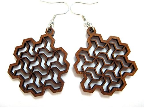 Large Drop Wooden Earrings Fractal Gosper Island by Goa Laser Factory, 0g, 37mm, Designer Jewelry
