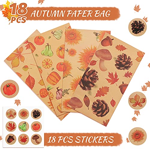 TOXOY Fall Theme Gift Bags, 18 PCS Thanksgiving Favor Bags with 18 Stickers Autumn Paper Bags Fall Treat Bags for Halloween Thanksgiving Party Favor