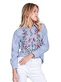 Simplee Apparel Women's Boho Embroidered Floral Striped Shirt Blouse Top Blue, 4/6