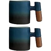 Dicmracy 2oz Ceramic Espresso Cups set of 2, Espresso Cups with Wooden Handle, Demitasse Cups for Coffee or Tea (blue black, Wooden Handle2)