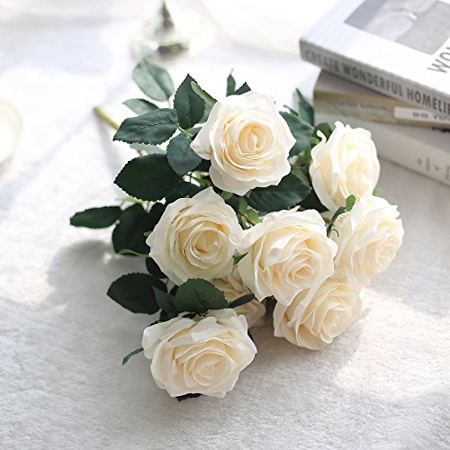 Anmas Home Silk Artificial Rose Flower Bouquet 10 Heads For Home Wedding Flora Decoration (Cream)