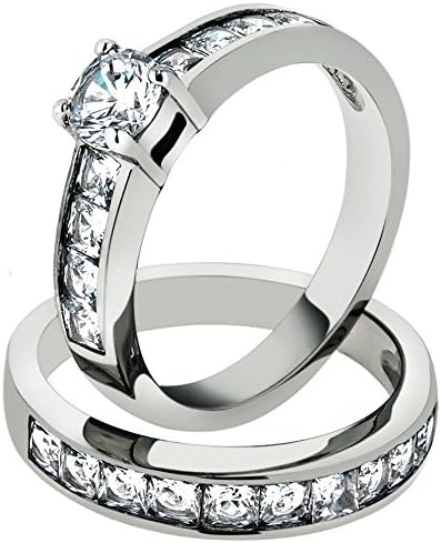 Marimor Jewelry 3.25 Carat Cubic Zirconia Stainless Steel 316 Engagement Wedding Ring Set Size 5-10
