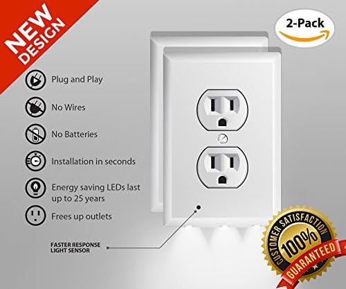 Night LEDz Guide light, Outlet Wall Plate With LED Night Lights, Auto On/Off Sensor, No Batteries Or Wires, Installs In Seconds (Duplex, White) (2)