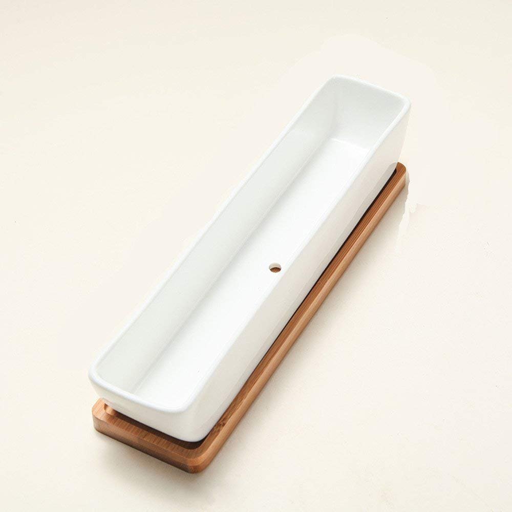 Succulent Pots with Bamboo Tray - Cactus Pots Containers for Succulents Planting Mini Succulent Pots Rectangular Ceramic Pots