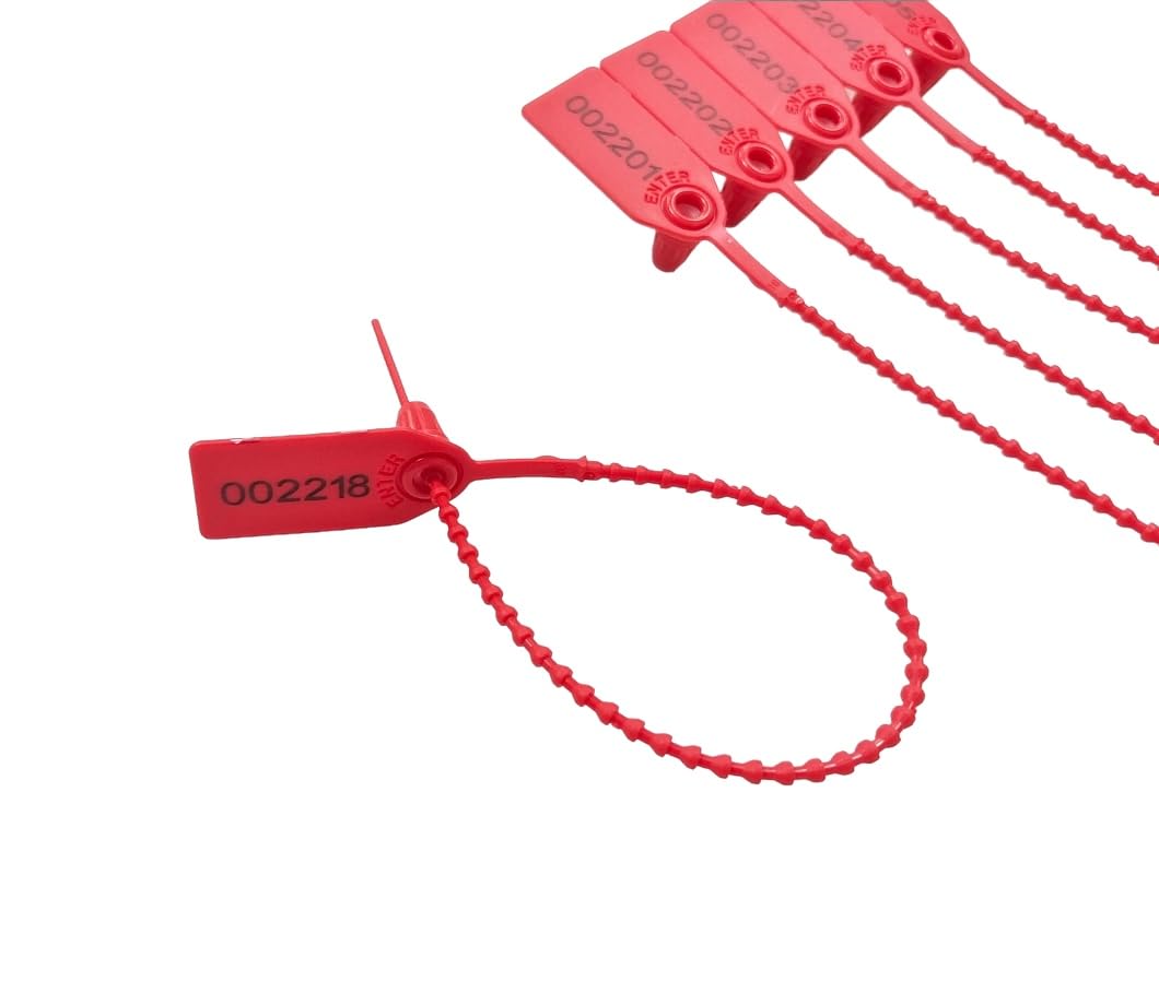Pack of 100 Red Plastic Safety Seals, Numbered Ties for Suitcase, Boxes, 25 cm (Red, 100 Units)
