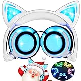 Kids Cat Ear Headphones with Glowing LED Light USB Rechargable 85dB Volume Limited Adjustable Headband 3.5mm Jack Over/On Ear Earphones Foldable Game Headset for Girls Boys Toddlers Phone Tablets