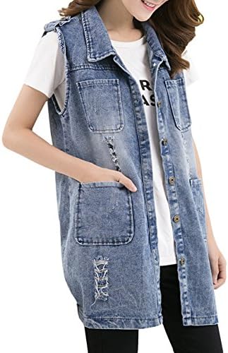 ShengTu Women's Plus Size Long Jean Vest Denim Sleeveless Jacket Tops (US XL)