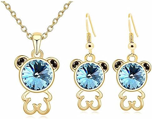 Ocean Blue Teddy Bear Pendant Necklace Hook Drop Earrings Set For Women Teens Prime Gift