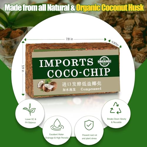 4 Pcs Coconut Coir Chips for Plants, 4.4 LB 100% Organic Coco Husk Chip Bricks with Low EC and pH Balanced, Easy to Expand Coco Coir Mulch Medium for Garden Flowers & Reptile Bedding