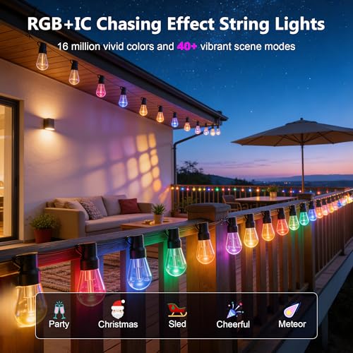 Outdoor String Lights 150FT, RGB+IC Outside Light Dimmable Shatterproof LED Bulbs, IP67 Waterproof Chasing Effect Lighting DreamColor Patio Strip Lights for Backyard, Balcony Outdoor Living