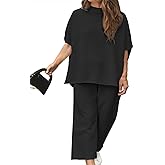 Beautife Women's Plus Size 2 Piece Outfits 3/4 Batwing Sleeve Capelet Crew Neck Pullover Top Wide Leg Pants Lounge Set