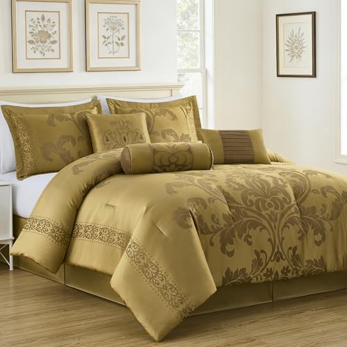 Chezmoi Collection Royale 7-Piece Jacquard Floral Comforter Set, Oversized Queen, Gold