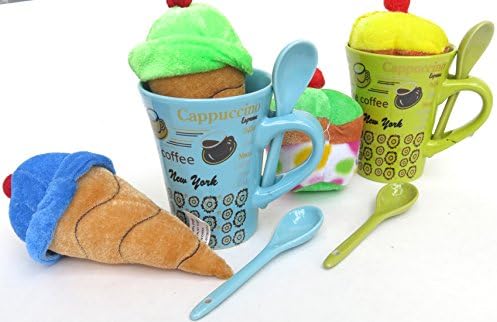 New York, Cappuccino With Icem ,Unique Green and Powder Blue Ceramic Flower Mug and Ceramic Spoon, Set Of Three, Green,Power blue