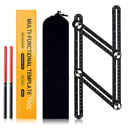 KEGOUU Multi Angle Measuring Ruler, Premium Aluminum Ultimate Template Tool/Layout Tool/Angle Finder Woodworking Tool/Flooring Angle Ruler for Handymen, Builders, Craftsmen, DIY-ers (4 sides, Black)