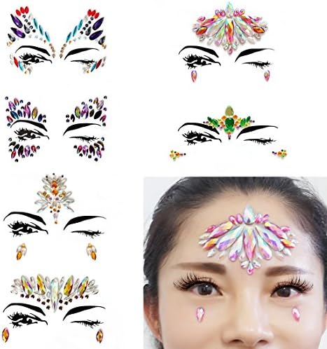 AooHome 6 Sets Women Mermaid Rhinestone Gems Face Jewelry Sticker, Bindi Rainbow Tears Tattoos for Forehead Body Decorations