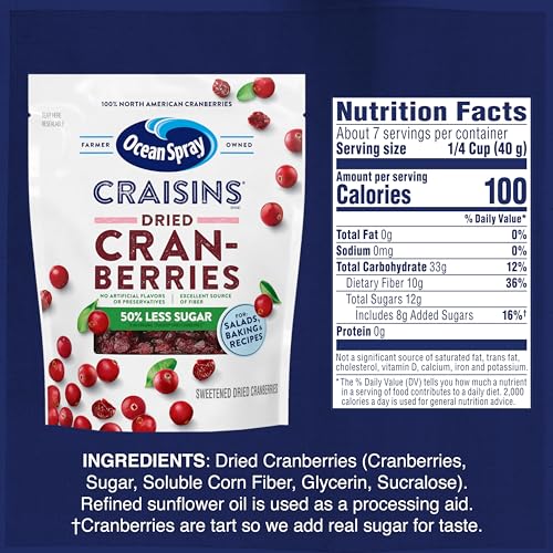 OCEAN SPRAY® CRAISINS®, 50% LESS SUGAR DRIED CRANBERRIES, DRIED FRUIT, 10 OZ POUCH