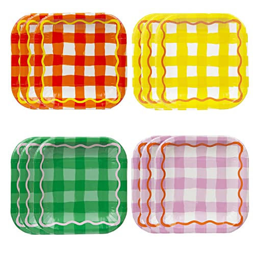 Talking Tables Gingham Plates in Orange, Yellow, Green and Purple - Colourful Paper Tableware for Easter, Birthday Party Food, Picnic, Summer - 12 Pack,18cm x 18cm, Gingplates