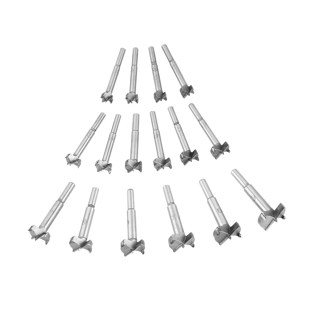 Forstner Drill Bit Set, 16 Pieces Tungsten Steel Wood Boring Bit, Titanium Coated, Round Shank, 15mm-35mm, for Wood Plastic Plywood