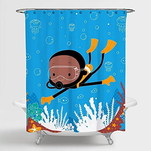 African American Shower Curtain Art for Kids Bathroom Decor with Boy Swimming Scuba Diving in Blue sea Tapestry with goggles free rings 70X72 inches 100% Polyester Water Resistant Metal Grommets