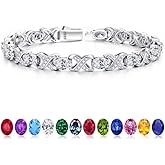 Iefil Tennis Bracelets for Women, Oval Birthstone Tennis Bracelets for Women Wife Unique X O Design Fine Jewelry Anniversary Birthday Gift 925 Sterling Silver Birthstone Jewelry for Mom Girlfriend