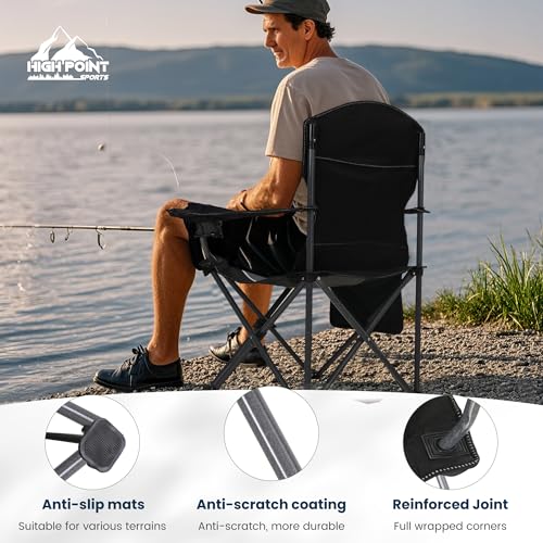 HIGH POINT SPORTS Folding Camping Chair, 160 kg, Portable Folding Camping Chair, Oversized Folding Chair, Outdoor and Indoor, Camping Chair, Fishing Chair, Black-Grey