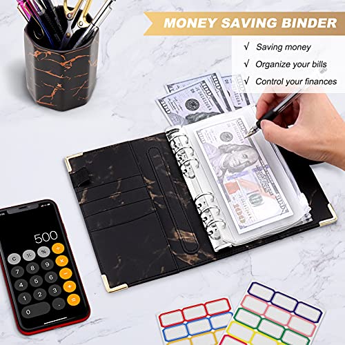 TAOPE Classeur Budget avec Enveloppe Budget, Classeur A6 Budget Planner Sets en PU Cuir, Carnet Budget 6 Anneaux Remplissable avec Pochettes Transparentes, Organisateur Enveloppe Budget Marbre Noir