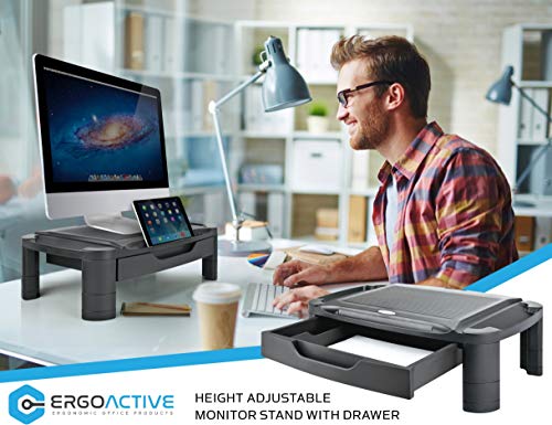 ErgoActive Height Adjustable Monitor Stand Riser with Storage Organizer and Drawer, Computer, iMac, Printer, Laptop, Desk with Tablet & iPhone Holder, Cable Management Slot (Black) - Thumbnail 2