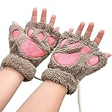 Women Bear Plush Cat Paw Half-Cover Fingerless Gloves Soft Thick Winter Mittens