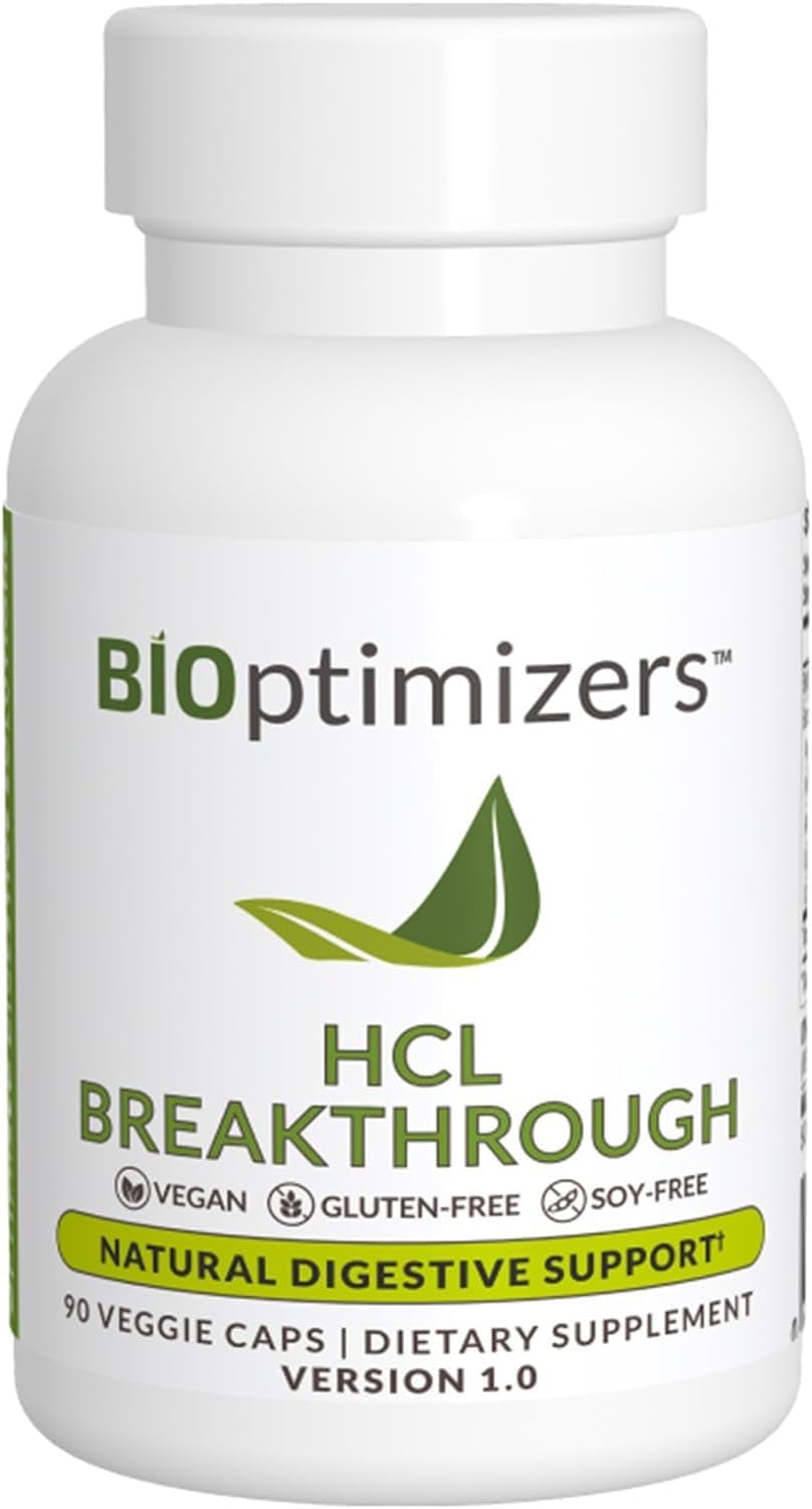 BiOptimizers HCL Breakthrough | Betaine HCL Hydrochloride Digestive Enzymes Supplement | Hydrochloric Acid, Protein Breakdown & Absorption | Helps Gas, Heartburn Relief & Bloating Relief | 90 Capsules