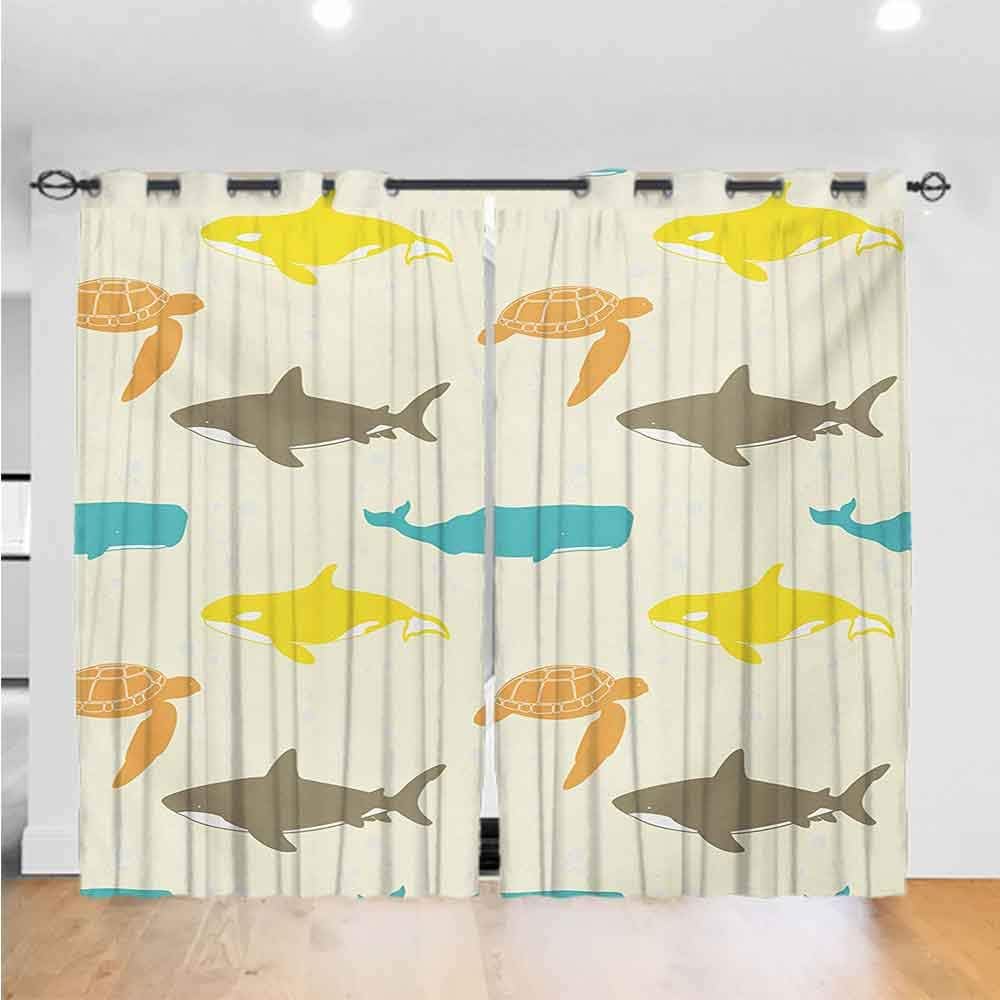 Mozenou Sea Animals Grommets Drapes/Draperies Pattern with Whale Shark and Turtle Aquarium Doodle Style Marine Life Printed Heat Insulation Curtain W84 x L84 Ivory Taupe Peach