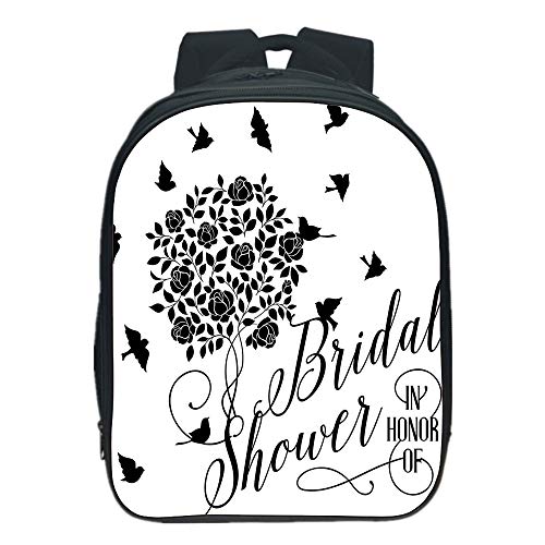 Vogue Pressure Relief Spine Kids School Backpack,Bridal Shower Decorations,Flowers Roses Leaves Swirls Birds Bride Party Theme Artwork,Black and White,for Kids,3D Print Design.13.0"x 9.8"x 5.9"