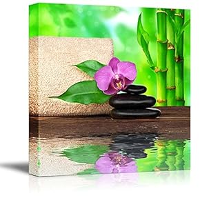 Canvas Prints Wall Art - Stacked Stones with Flower Next to Reflection Pool | Modern Wall Decor/Home Decoration Stretched Gallery Canvas Wrap Giclee Print. Ready to Hang - 12" x 12"