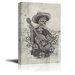 Canvas Print Wall Art - Day of The Dead (Dia De Los Muertos) Themed Art Skull Playing Guitar - Gallery Wrap Modern Home Art | Ready to Hang - 12x18 inches