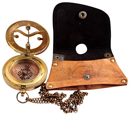 MAH Brass Sundial Compass with Leather Case and Necklace Chain - Push Open Compass - Steampunk Accessory - Antiquated Finish - Beautiful Handmade Gift -Sundial Clock C-3047