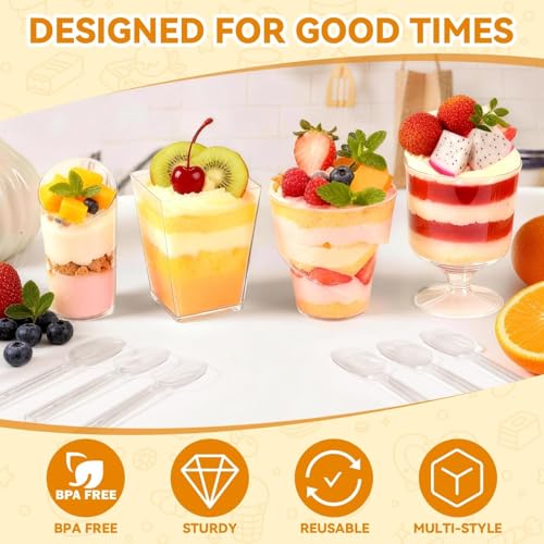 JPPSUJJ 400-Pack 5 oz Dessert Cups with Lids and Spoons, Clear Plastic Parfait & Yogurt Cups, Mini Shooter Cups for Parties, Ice Cream, Pudding, Fruit | Square Appetizer Containers
