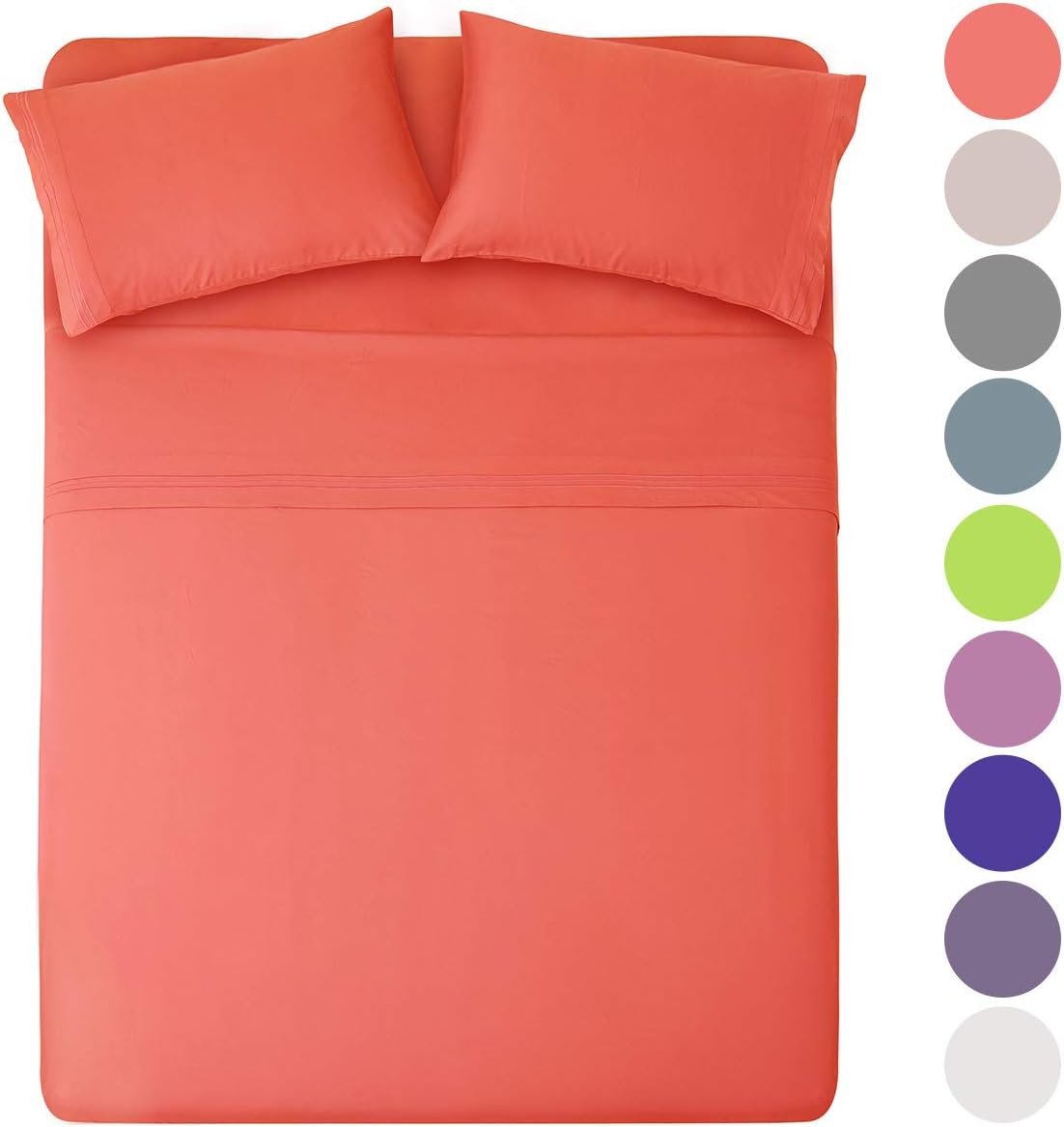 Honeymoon 1800 Brushed Microfiber Embroidered Bed Sheet Set, Ultra Soft, Queen - Coral