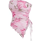 WDIRARA Women's Floral Mesh Strapless Side Ruched Tube Top Asymmetrical Hem Bandeau Crop Tops