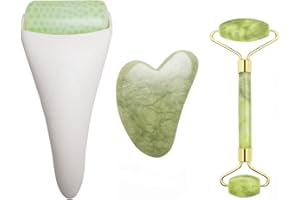 Chikoni 3 in 1 Ficial Face Ice Jade Roller and Gua Sha Tool, Natural Real Jade Anti-Wrinkle Face Eye Neck Massager Tool, Reduce Wrinkles, Puffiness, Migraine, Redness, Pain and Injury