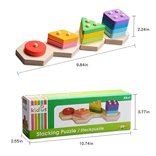 Wooka Wooden Preschool Geometric Stacking Puzzle Educational Shapes and Colors Sorting Board Early Developmental Stacking Block Chunky Toys for Kids - Thumbnail 5
