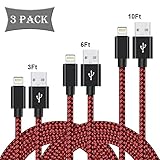 Auideas iPhone Cable,3Pack 3FT,6FT,10FT Nylon Braided Lightning Charger to Cable Data Syncing Cord Compatible with iPhone 7/7 Plus/6S/6S Plus,SE/5S/5,iPad,iPod Nano 7(Black Red)