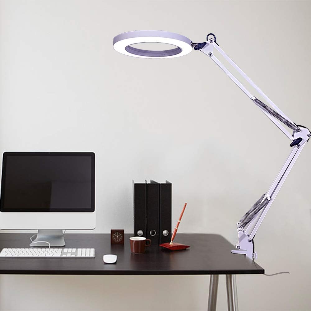 LED Desk Lamp, Swing Arm Architect Task Lamp with Clamp, Eye-Caring Dimmable 3 Color Modes Drafting Table Lamp/Office Light/Ring Light for Study, Reading, Crafts, Studio, Workbench Office – White