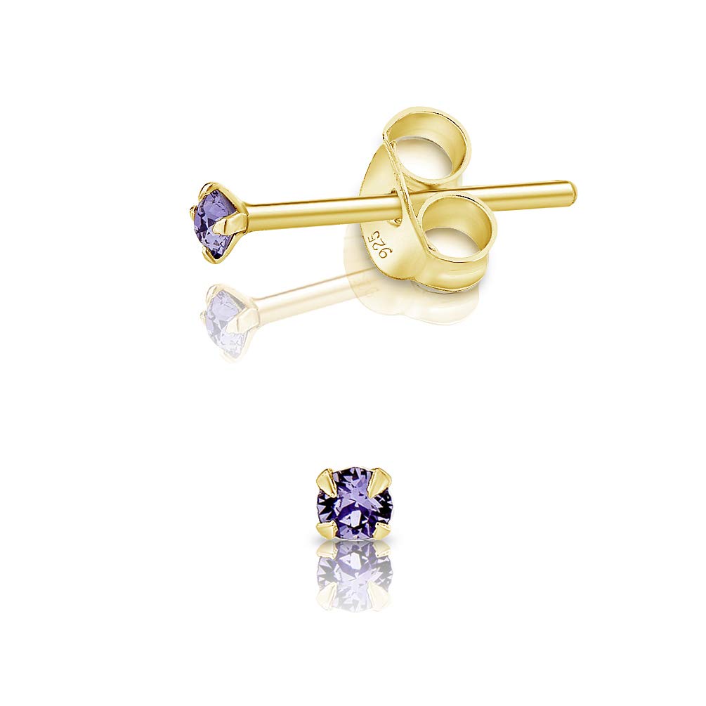 DTPSilver - 925 Sterling Silver Yellow Gold plated Round TINY Stud Earrings made with Glittering Crystals from Swarovski® Elements - Diameter: 2 mm - Colour : Tanzanite