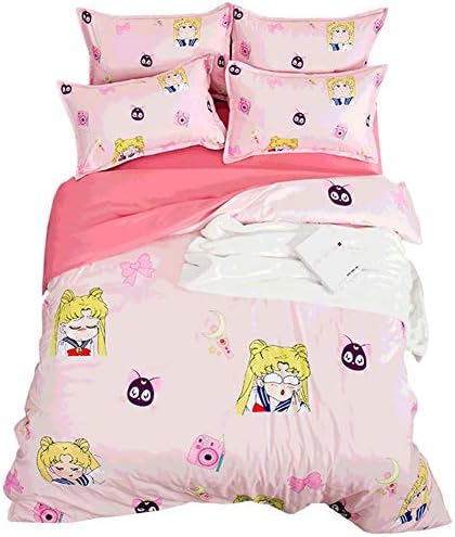JYD Bedding Set 4 Piece Cartoon Sailor Moon Water Ice Moon Japanese Anime-Style Cotton Blend Comfy Duvet Cover For Teens(1*Quilt + 1*Coverlet + 2*Pillowcases),1.2M [Energy Class A]