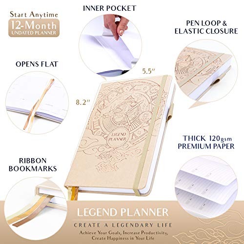 Legend Planner - Deluxe Weekly & Monthly Life Planner to Hit Your Goals & Live Happier. Organizer Notebook & Productivity Journal. A5 Hardcover, Undated - Start Any Time + Stickers - Seashell Gold
