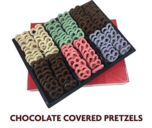 Chocolate Covered Pretzels Gift Box by Coco's Gift Baskets. 6 Assorted Flavors. Milk, Dark Chocolate, Blueberry, Key Lime, Strawberry, Yogurt. Perfect Nut Gift for Christmas, Friends, Family.