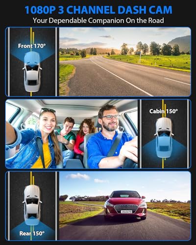 Dash Cam Front and Rear, 1080P Dash Camera for Cars, 3 Channel Car Camera Front Rear and Inside with 32GB Card, Loop Recording, Night Vision, HDR, 24Hr Parking, G-Sensor