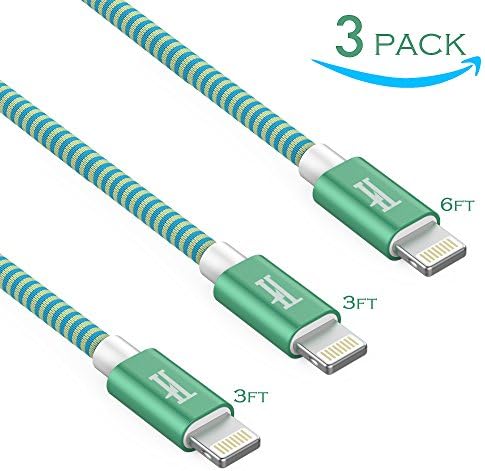 THSpow Lightning Cable 3Pack (3FT 3FT 6FT) Iphone Charger Cable Nylon Braided Lightning to USB Charger Cord for Apple Products (GREEN 3FT2 & 6FT1)